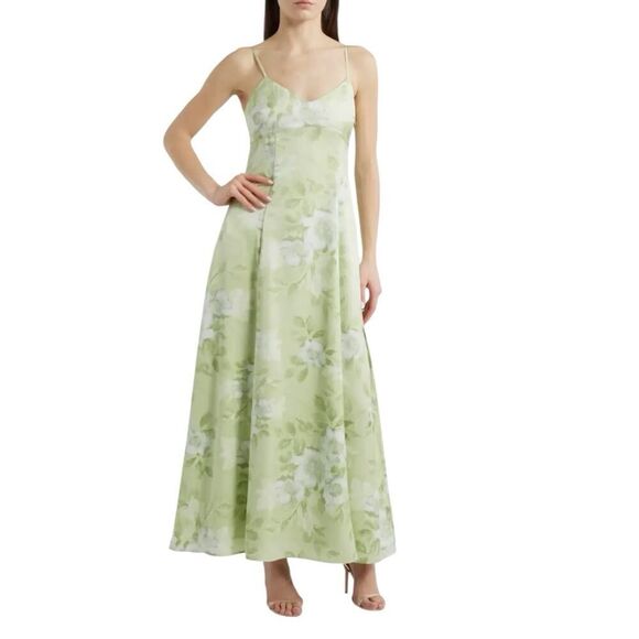 Wayf Mella Floral Cocktail Maxi Dress Satin Feel “Celery Bouquet” NWD US M - Picture 1 of 13